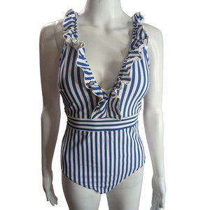 Cupshe Women's Blue Stripe Ruffle Neckline One-Piece Swimsuit sz M